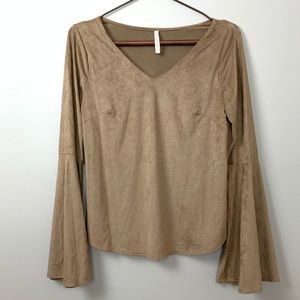 3/$10 !!! PEPPERMINT Vegan Tan Suede Boho Bell Sleeve Shirt